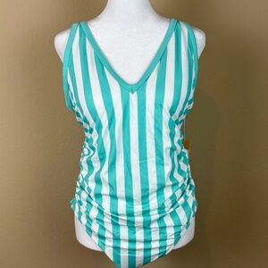 NWT Kona Sol Turquoise/White Striped V-Neck High Leg One Piece Swimsuit